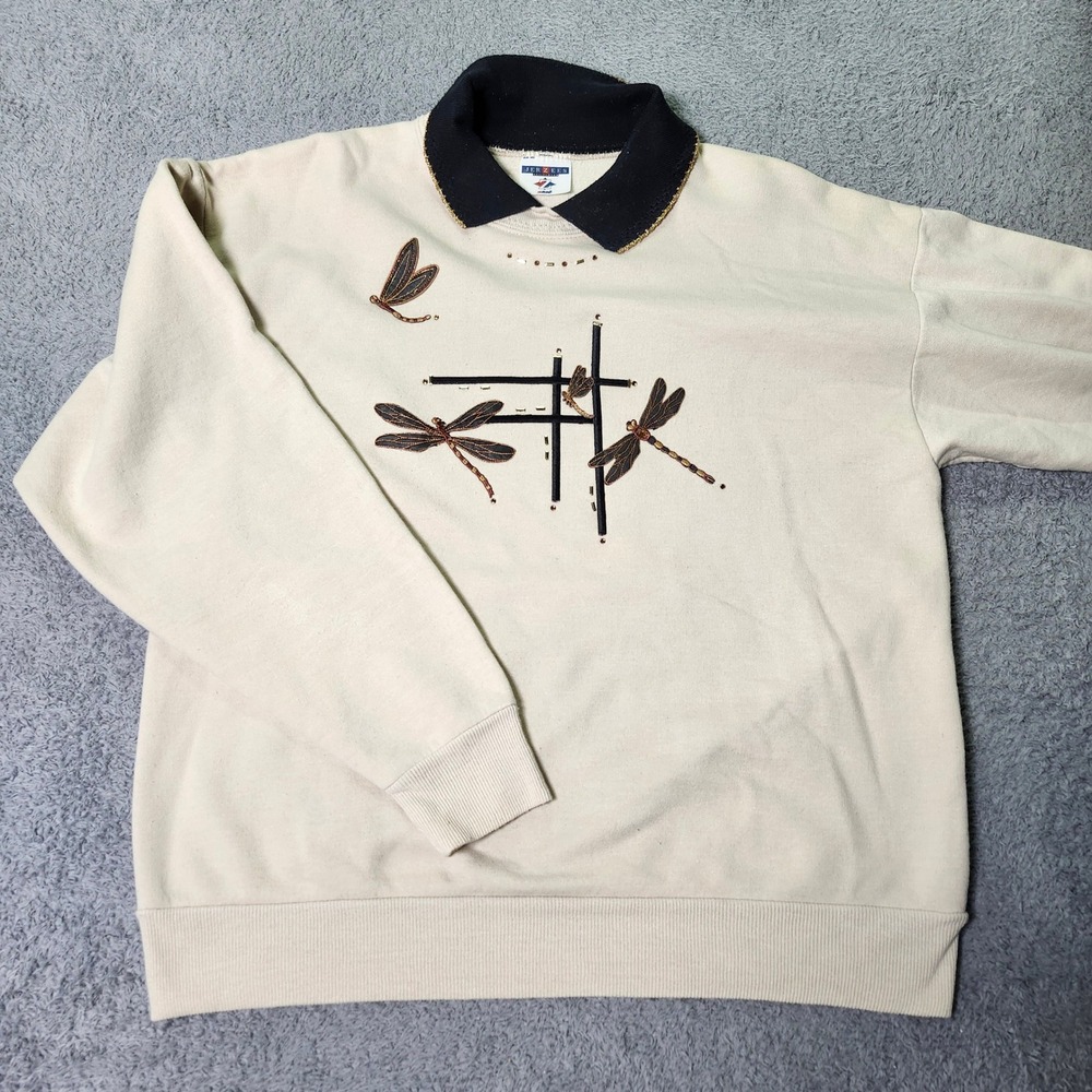 Jerzees Womens M Sweatshirt Cream Dragonfly Embroidered Collared Vintage 90s